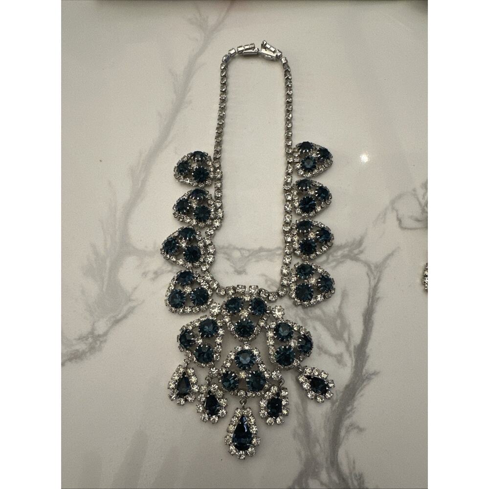 Vintage Signed HOBÉ Sapphire Blue Rhinestone Parure - Necklace & Earrings Set